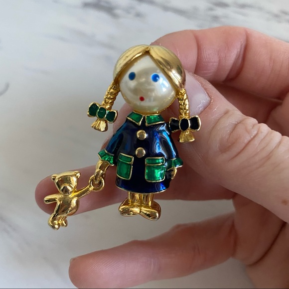 Vintage Little Girl with Teddy Bear Pin Brooch - Picture 8 of 12